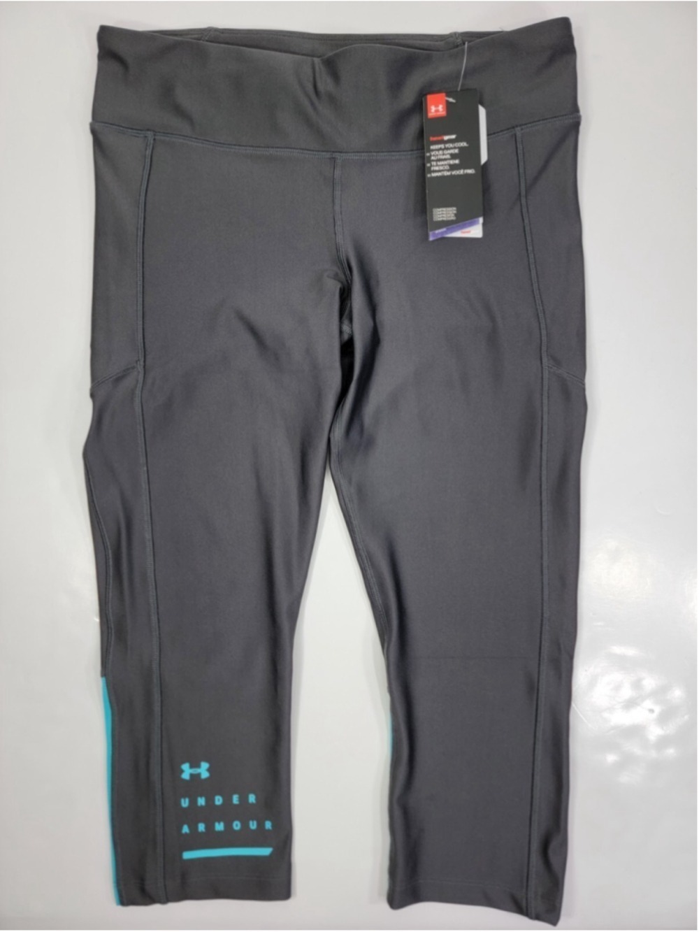 NEW UNDER ARMOUR Heat Gear Crop Compression Leggings Womens L NWT Gray/Turquoise